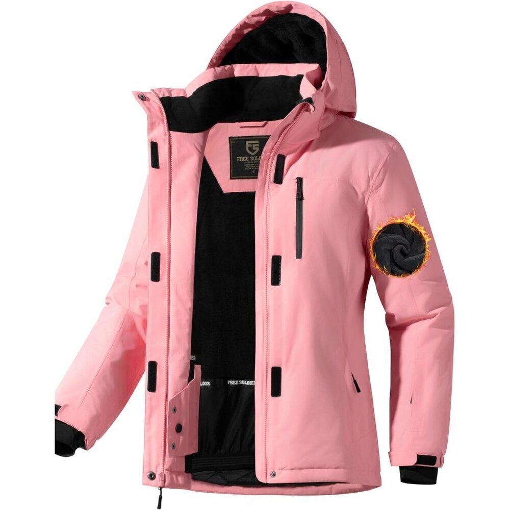 Women's Waterproof Pink Hood Ski Snow Jacket Fuzzy Fleece Lined Winter Warm